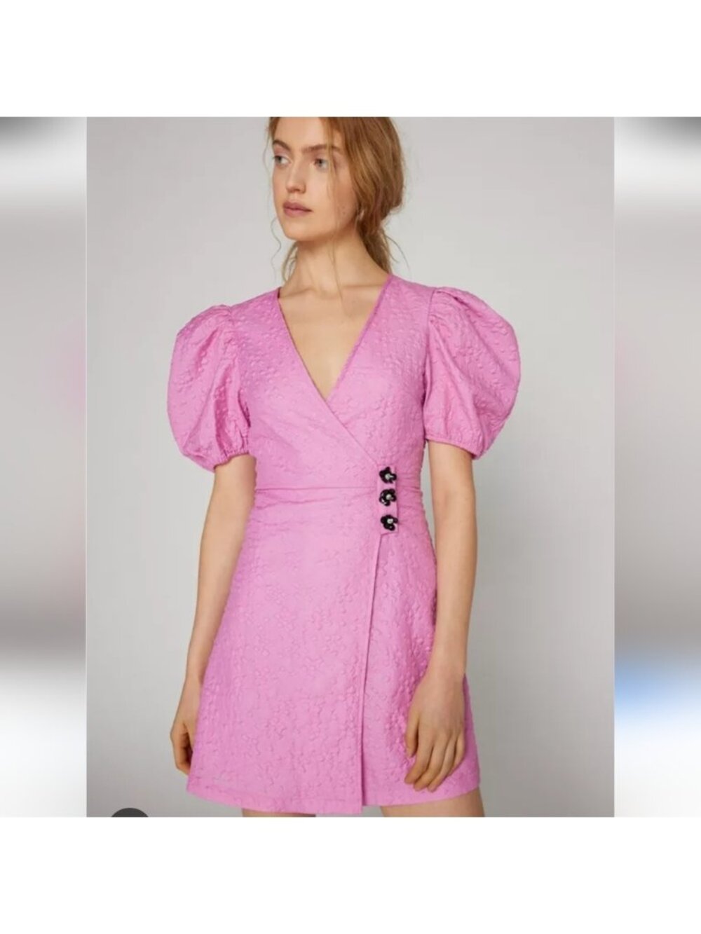 Sister Jane Pink Wrap Dress Puff Sleeves Asymmetrical